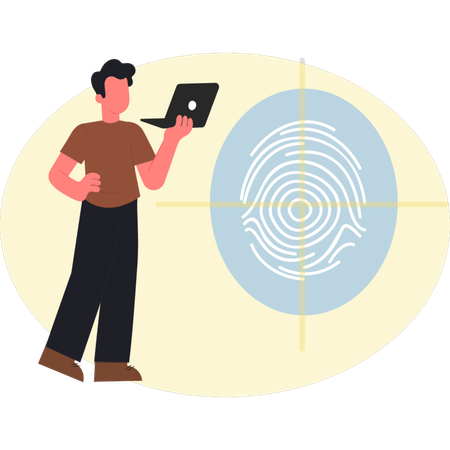 Young man holding laptop while checking fingerprint  Illustration