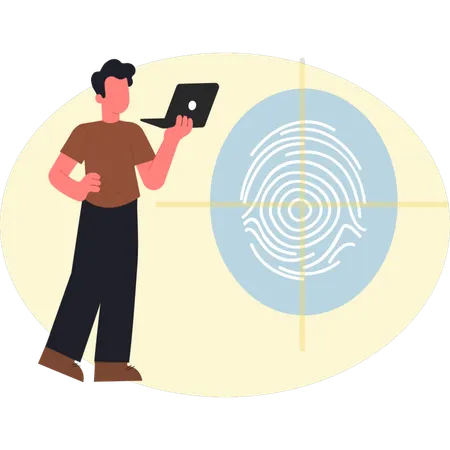 Young man holding laptop while checking fingerprint  Illustration