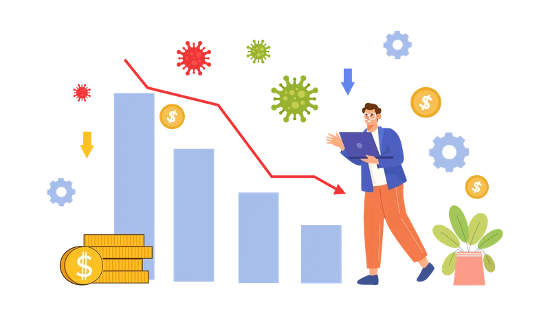 Young man holding laptop while showing pandemic economy report  Illustration