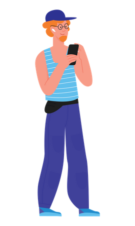 Young man holding mobile  イラスト