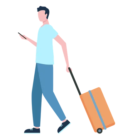 Young man holding mobile and travel bag  Illustration