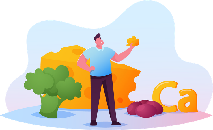 Young Man Holding Piece of Cheese with Huge Broccoli and Eggs Illustration