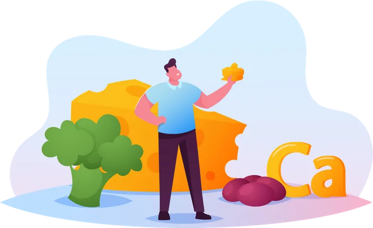 Young Man Holding Piece of Cheese with Huge Broccoli and Eggs  Illustration