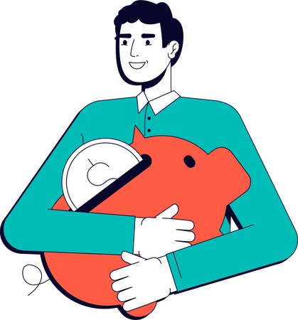 Young man holding piggy bank with coin  Illustration