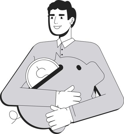Young man holding piggy bank with coin  Illustration