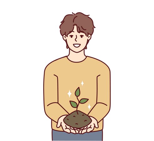 Young man holding plant in hand Illustration