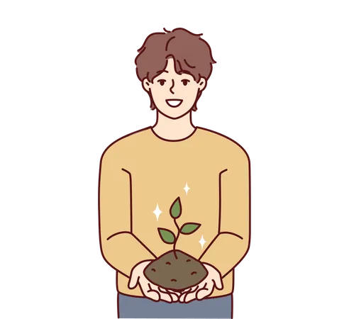 Young man holding plant in hand Illustration