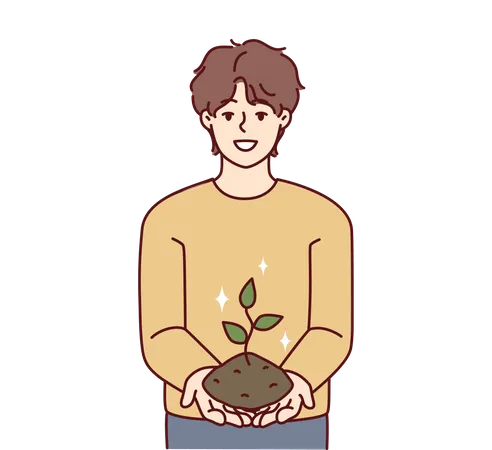 Young man holding plant in hand  Illustration