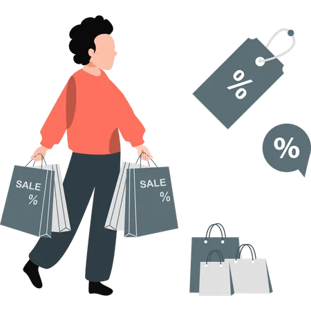 Young man holding shopping bags while doing shopping on sale  Illustration