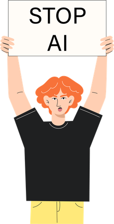 Young Man Holding Sign and Protesting Against Artificial Intelligence  Illustration