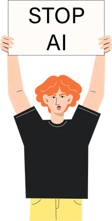 Young Man Holding Sign and Protesting Against Artificial Intelligence  Illustration