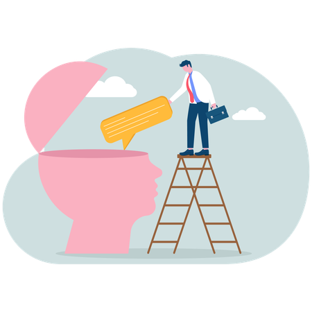 Young man holding speech bubble climbs ladder onto big head  Illustration