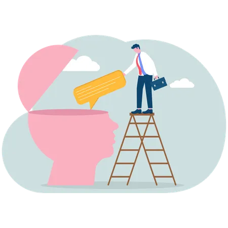 Young man holding speech bubble climbs ladder onto big head  Illustration