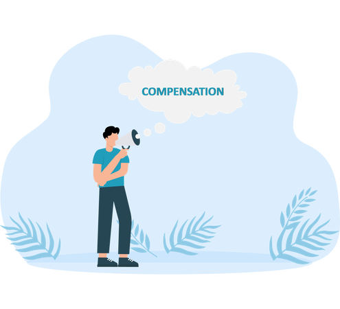Young man holding telephone while conversation bubble word compensation  Illustration