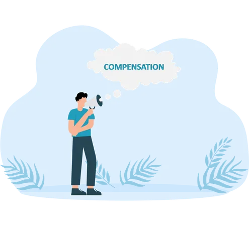 Young man holding telephone while conversation bubble word compensation  Illustration