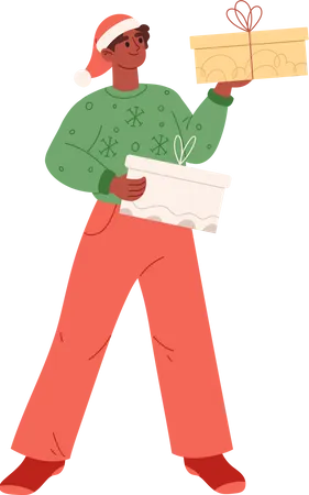 Young man holding wrapped gift box  Illustration