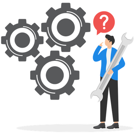 Young man holding wrench and repairing gears  Illustration