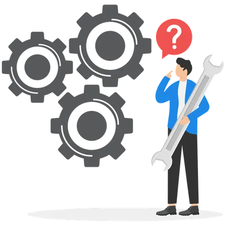 Young man holding wrench and repairing gears  Illustration