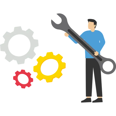 Technical Service Concept Mechanical Repair Maintenance Work Man Holding Wrench Screwdriver And Gears Professional Support Help Or Assistance Modern Flat Vector Illustration Illustration