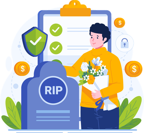 Young Man Holds a Bouquet of Flowers Near a Tombstone  イラスト