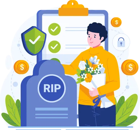 Young Man Holds a Bouquet of Flowers Near a Tombstone  イラスト