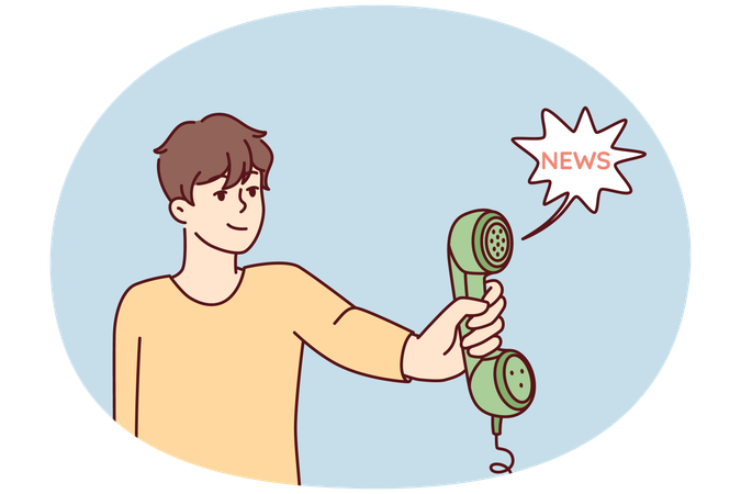 若い男性がニュースを伝えるために固定電話を差し出す  イラスト