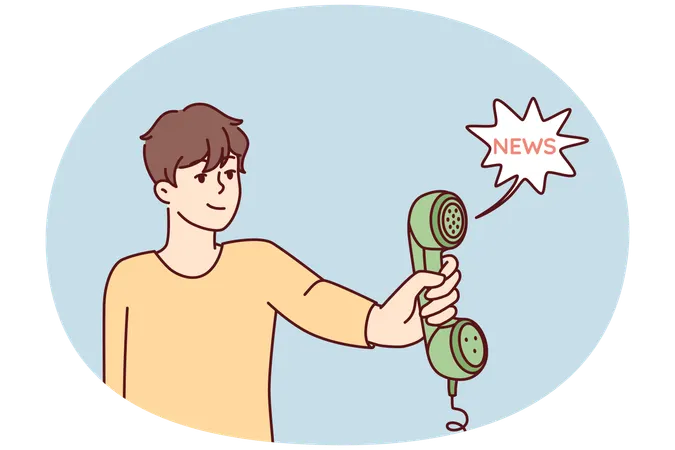 Young man holds out landline phone to share news  Illustration
