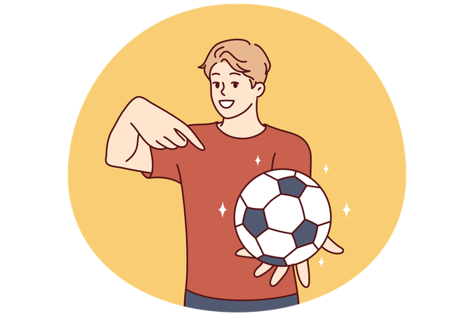 Young man holds soccer ball and points finger at it  Illustration