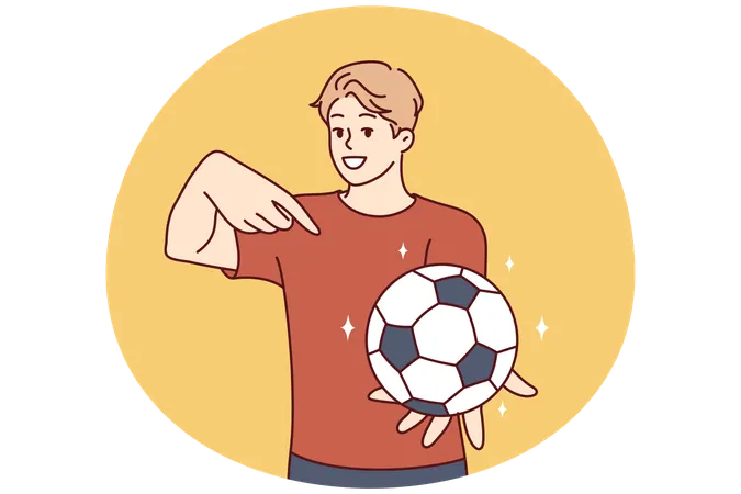 Young man holds soccer ball and points finger at it  Illustration