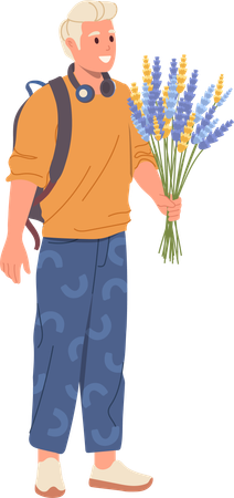 Young man holds tulip flowers  Illustration