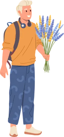 Young man holds tulip flowers  Illustration