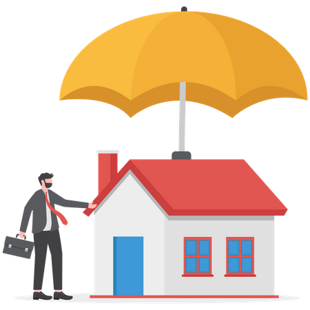 Young man house owner with his house under strong cover umbrella  Illustration