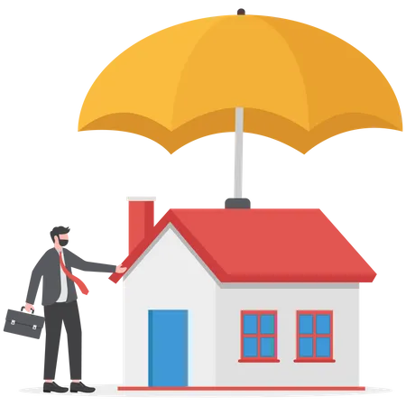 House Insurance Home Disaster Insure Coverage Or Safety Or Shield For Residential Building Concept Young Man House Owner With His House Under Strong Cover Umbrella Illustration