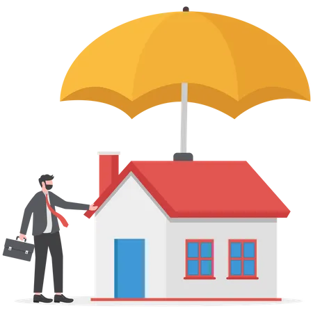 Young man house owner with his house under strong cover umbrella  Illustration