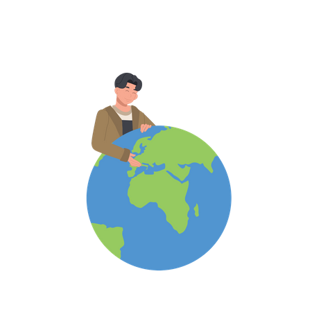 Young man hugging Earth globe with care and love  Illustration