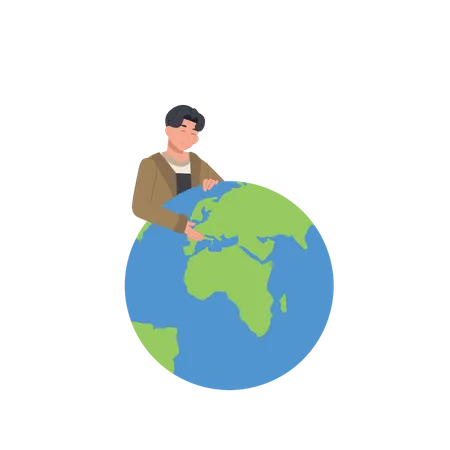 Concept Of Environmental Protection And Nature Care Smiling Girl Hugging Planet Man Hugs Earth Globe With Care And Love Illustration