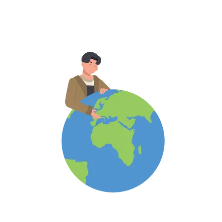 Young man hugging Earth globe with care and love  Illustration