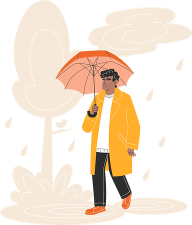 Young Man in Autumn Coat Walking in the Park with Umbrella in the Rain  Illustration