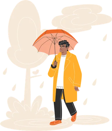 Young Man in Autumn Coat Walking in the Park with Umbrella in the Rain  Illustration