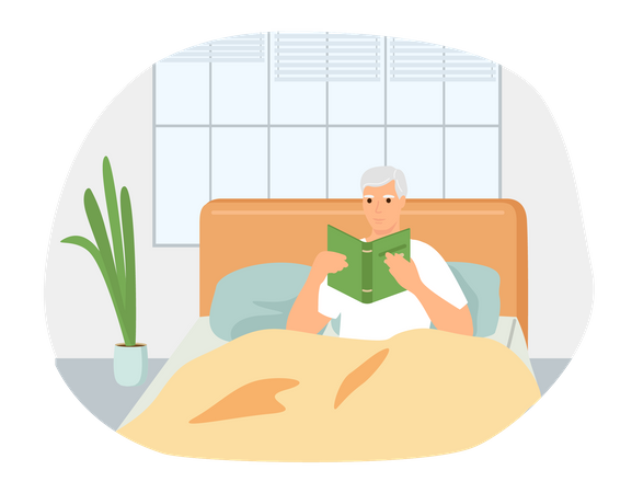 Young man in bed reading book  일러스트레이션