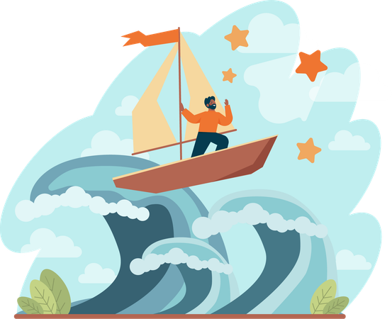 Young man in boat while getting career success  Illustration