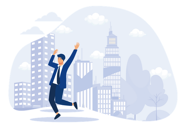 Young Man in Business Suit, Triumphing Over His Victory or Finding Solution to His Problem, Jumping for Joy with His Luck, flat vector modern illustration  Illustration
