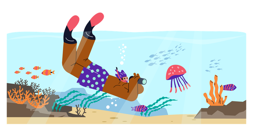 Young man in diving mask swimming in sea with camera observing coral reef  Illustration