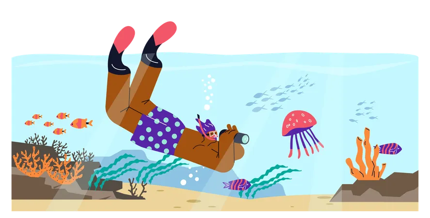 Young man in diving mask swimming in sea with camera observing coral reef  Illustration