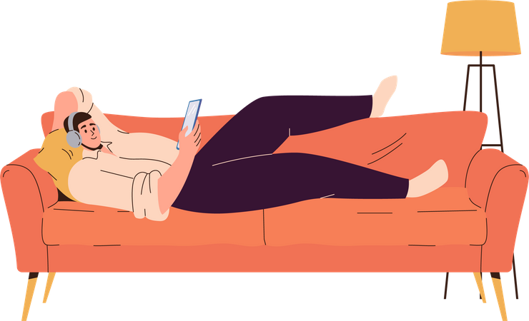 Young man in headset listening to music via mobile lying on sofa Illustration