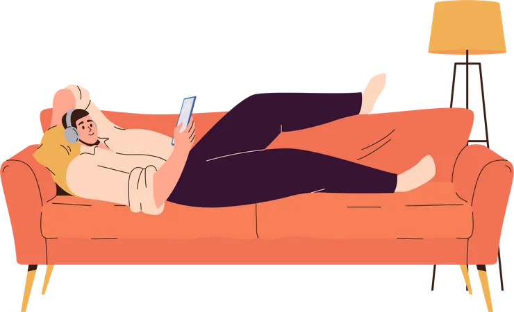 Young man in headset listening to music via mobile lying on sofa  Illustration