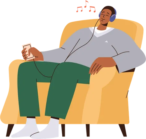 Young man in headset sitting on armchair and listening to music  Illustration