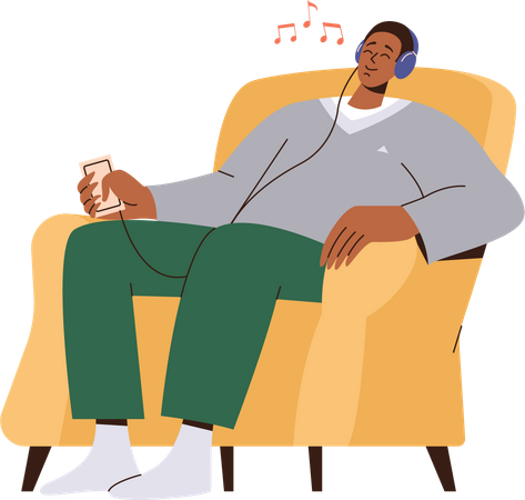 Young man in headset sitting on armchair and listening to music  イラスト