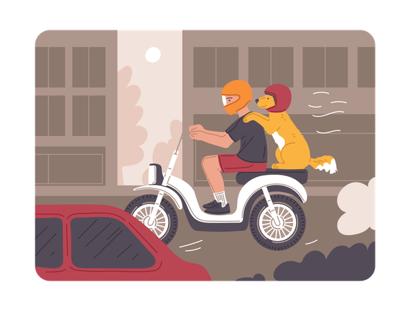 Young man in helmet rides motorcycle with dog  style  Illustration
