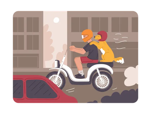 Young man in helmet rides motorcycle with dog  style  Illustration